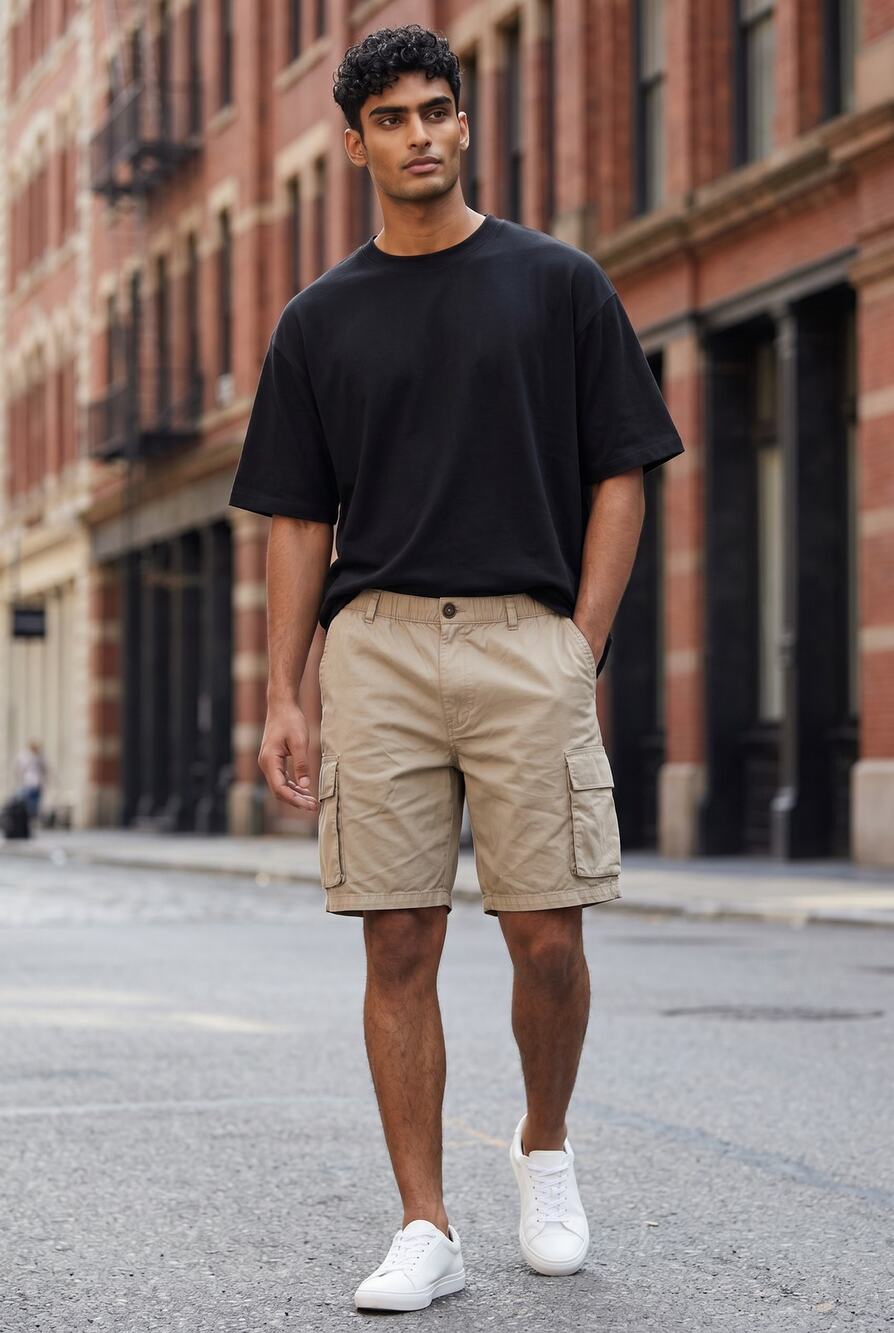Abound Cargo Shorts 100% Cotton Elastic Waist Beige L NWT Casual Summer Comfort